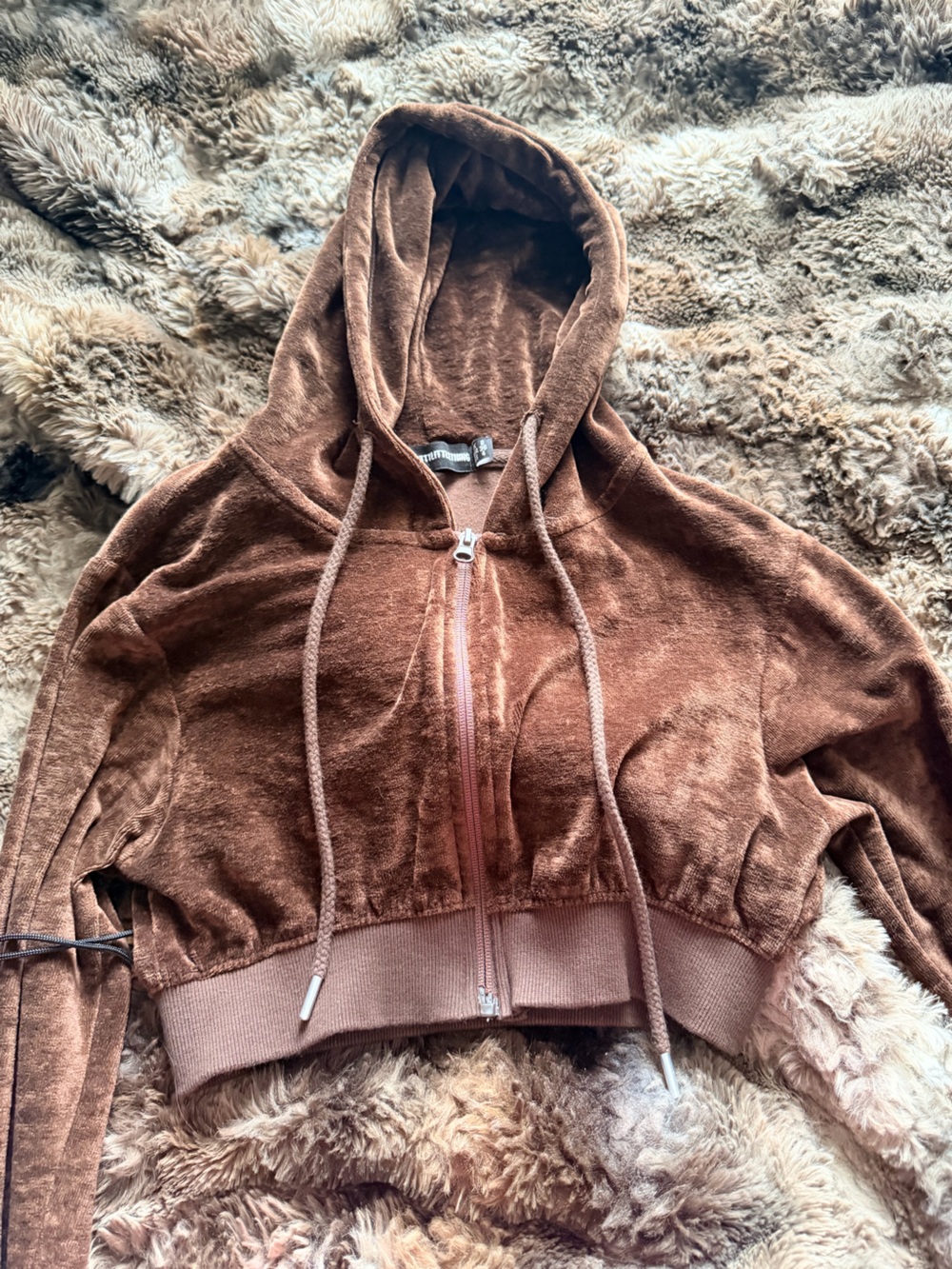 Brown Cozy Cropped Hooded Zip-Up Jacket